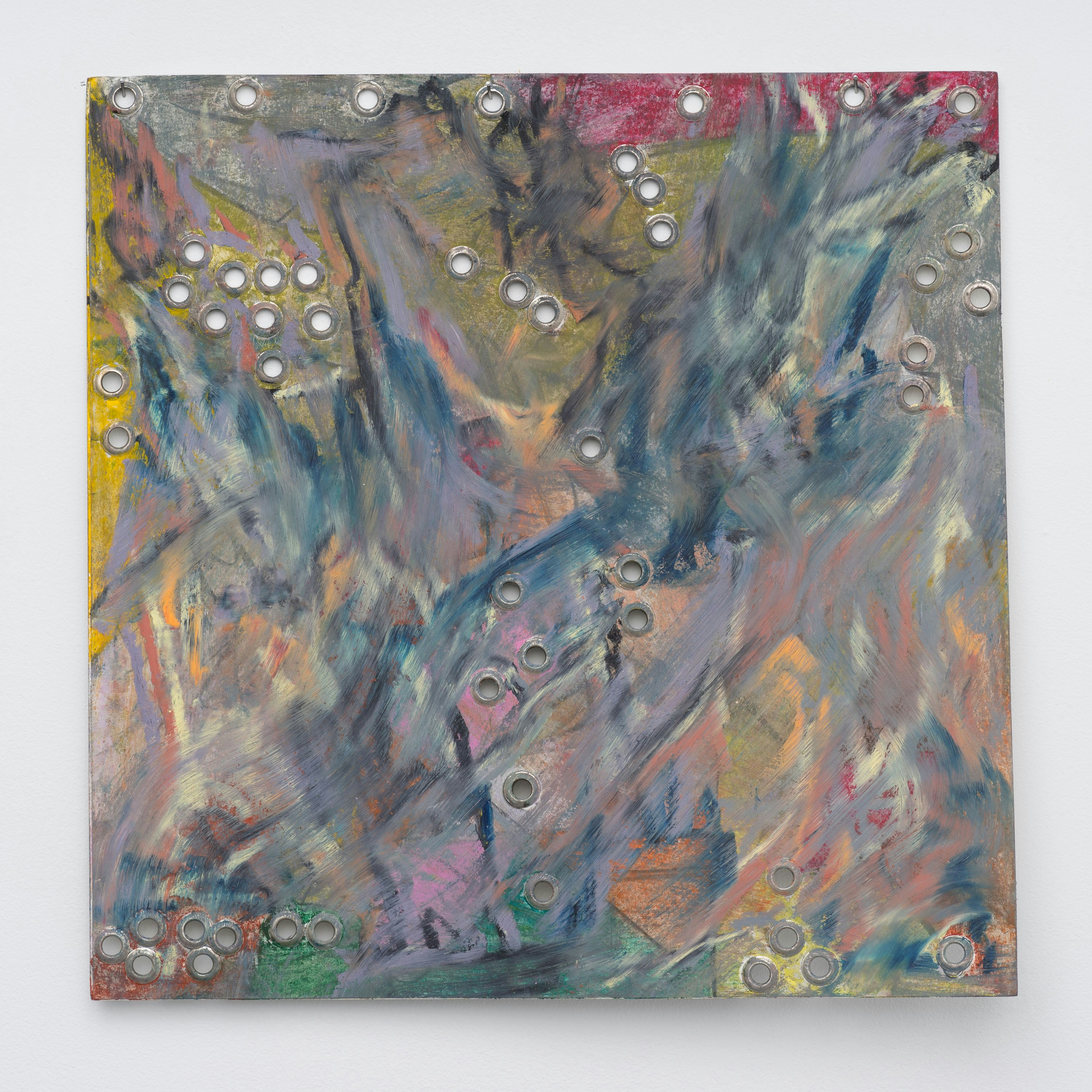 Kemar Keanu Wynter, <em>The Gun Hill Plate</em>, 2021. Oil stick, oil pastel, acrylic, charcoal, and grommets on French cardstock, 19 x 19 inches. Courtesy Tiger Strikes Asteroid, New York. Photo: Daniel Johnson.