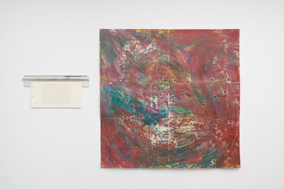 Kemar Keanu Wynter, <em>Corned Beef Sandwich</em>, 2021. Oil stick, oil pastel, acrylic, charcoal, and grommets on French cardstock / toner and graphite on Strathmore cardstock, stainless steel ticket holder, 38 3/4 x 38 3/4 inches / 9 x 18 1/4 inches. Courtesy Tiger Strikes Asteroid, New York. Photo: Daniel Johnson.