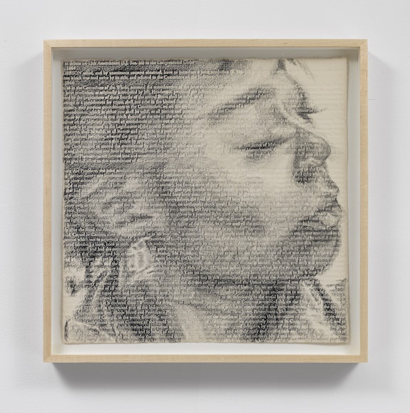 Kenturah Davis, <em>Excerpt of Contingency - 13th</em>, 2021. Carbon pencil rubbing on debossed paper, framed, 12 x 12 inches. Courtesy the artist, Jeffrey Deitch, New York, and Matthew Brown, Los Angeles. Photo: Cooper Dodds and Genevieve Hanson.
