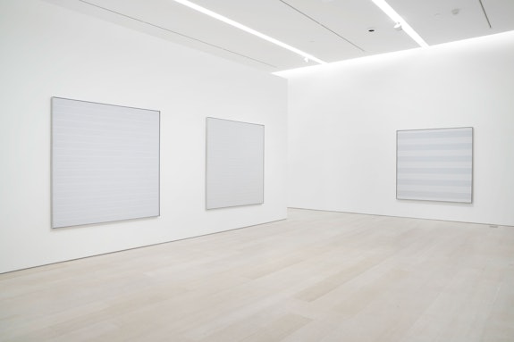 Installation view: <em>Agnes Martin: The Distillation of Color</em>, Pace Gallery, New York, 2021. Courtesy Pace Gallery.