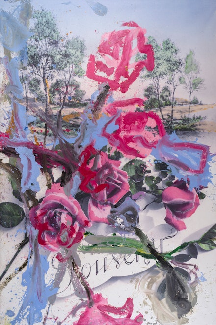 Jorge Galindo, <em>Souvenir (Good Year For The Roses) I</em>, 2021. Oil on printed canvas, 118 1/8 x 78 3/4 inches. © Jorge Galindo. Courtesy the artist and Vito Schnabel Gallery.