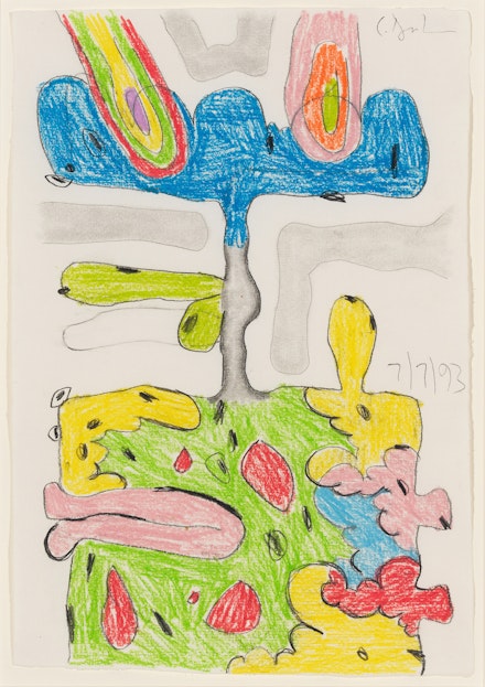 Carroll Dunham, <em>Untitled (7/7/93)</em>, 1993. Wax crayon and pencil on paper, 11.5 x 8 inches. Courtesy Corbett vs. Demspey, Chicago.