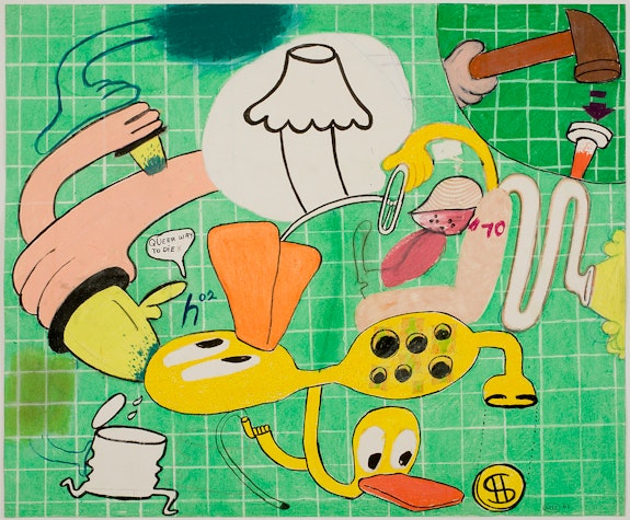 Peter Saul, <em>Untitled (Queer Way to Die)</em>, 1963. Pastel and crayon on paper, 27.5 x 33.25 inches. Courtesy KAWS Inc. © 2021 Peter Saul / Artists Rights Society (ARS), New York, Photo Farzad Owrang.