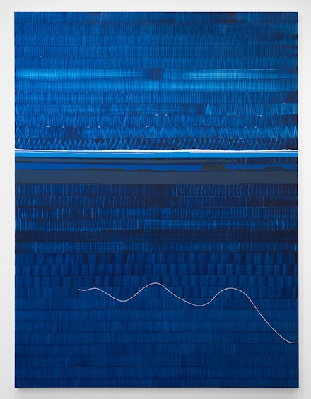 Juan Uslé, <em>Soñé que revelabas (Hudson blue)</em>, 2021. Vinyl, dispersion, and dry pigment on canvas 120 x 89 3/4 inches. © Juan Uslé. Courtesy Galerie Lelong & Co.