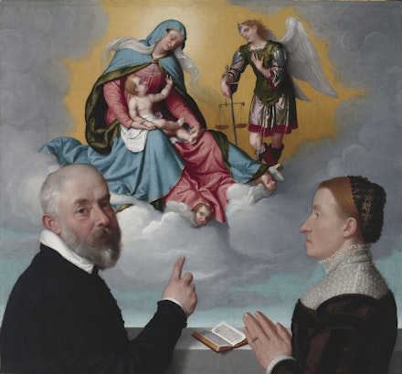 Giovanni Battista Moroni, <em>Two Donors before the Virgin and Child and St. Michael</em>, ca. 1557-60. Oil on canvas. Virginia Museum of Fine Arts.
