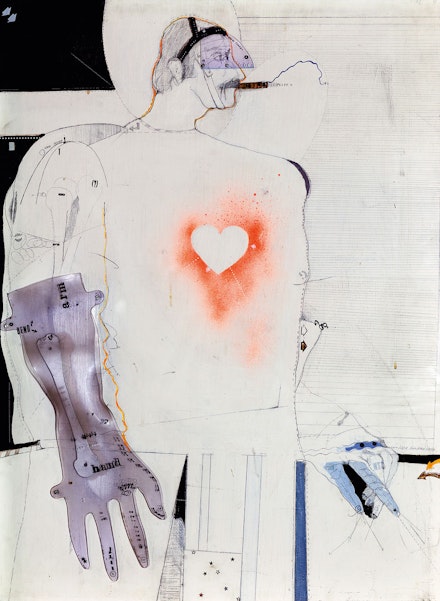 Lynn Hershman Leeson,<em> X-Ray Man</em>, 1970. Acrylic, pencil, Letraset, and Plexiglas on wood, 41 ½ x 29 ½ in (105.5 x 75 cm). Private Collection, The Netherlands, Courtesy Paul Van Esch & Partners, Amsterdam. Courtesy the artist; Bridget Donahue Gallery, New York; and Altman Siegel, San Francisco. Photo © ZKM | Center for Art and Media, photo: Tobias Wootton