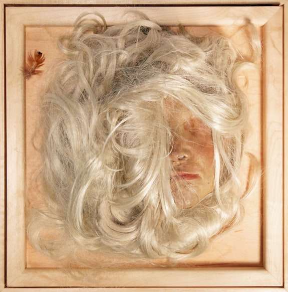 Lynn Hershman Leeson, <em>Self Portrait as Blonde</em>, 1968. Wax, wig, feathers, Plexiglas, wood, sensor, and sound. Courtesy the artist; Bridget Donahue Gallery, New York; and Altman Siegel, San Francisco