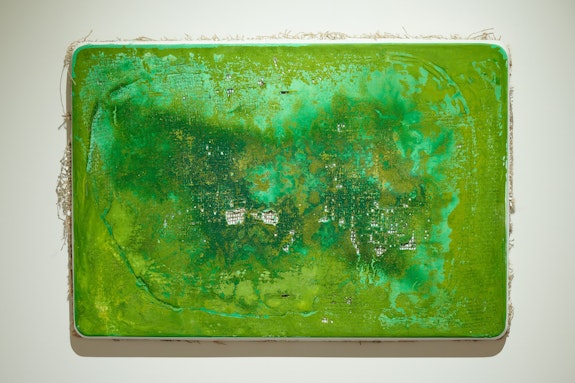 William Eric Brown, <em>ColorStatic G1</em>, 2021. Watercolor, plaster, burlap and metal, 17 x 25 x 1 1/4 inches. Courtesy The National Arts Club/Caleb Miller.