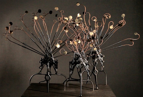 Vladimir Martirosov, <em>Jelly-fish</em>, 2017. Copper, brass, electric motor, stainless steel, dimensions vary. Courtesy Triumph Gallery.