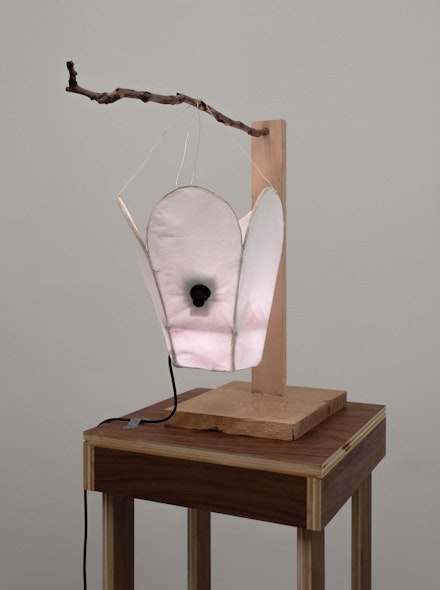 Cici Wu, <em>Foreign Object #2 Umbra and Penumbra (+95 prototype)</em>, 2021. Bamboo wire, paper, glue, metal wire, neopixel led, opencv camera, raspberry pi zero, micro-usb cable, artist’s lantern holder and plinth. 48 1/2 × 16 1/4 × 16 1/4 inches. Courtesy 47 Canal. Photo: Joerg Lohse.