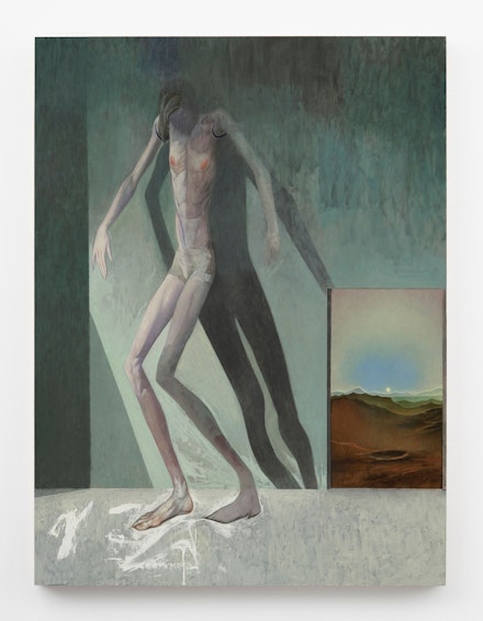 Julien Nguyen, <em>Resolute in Privation</em>, 2021. Oil on panel, 40 x 30 inches. Courtesy Matthew Marks, New York.