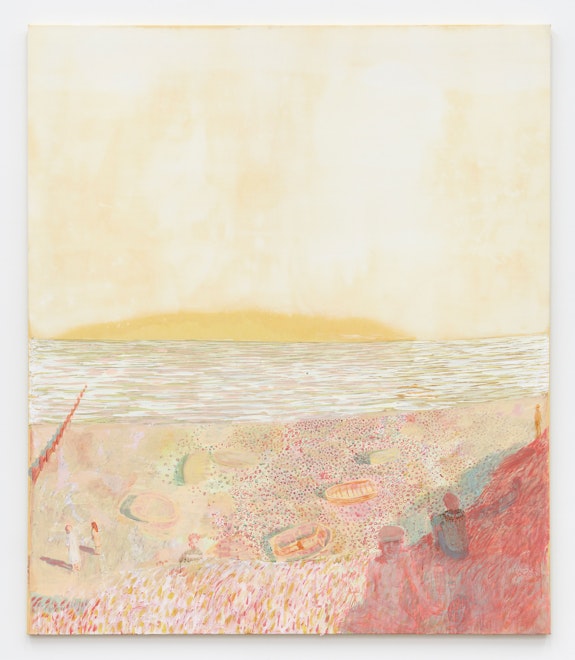 Andrew Cranston, <em>It was your birthday (and a seagull shat on your head)</em>, 2021. Rabbit skin glue and pigment on bleached canvas, 82 5/8 x 70 7/8 inches. Courtesy the artist and Karma, New York.