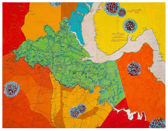 Joyce Kozloff, <em>Uncivil Wars: Battle of Chancellorsville</em>, 2021. Acrylic on canvas, 50 x 65 inches. Courtesy the artist and DC Moore Gallery, New York.
