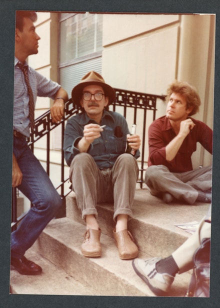 L to R: Diego Cortez, Don Van Vliet, Bradford Morrow. 33 West 9th Street, NYC, 1982. Photo: Raymond Foye.