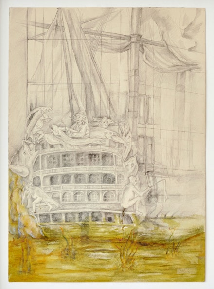 Sophie Friedman-Pappas, <em>Big Fish Eat Little Fish (After Pieter Bruegel the Elders engraving of the same name, 1557)</em>, 2020. Graphite, colored pencil, and watercolor on paper, 10 x 14 inches. Photo: Timothy Mahoney.