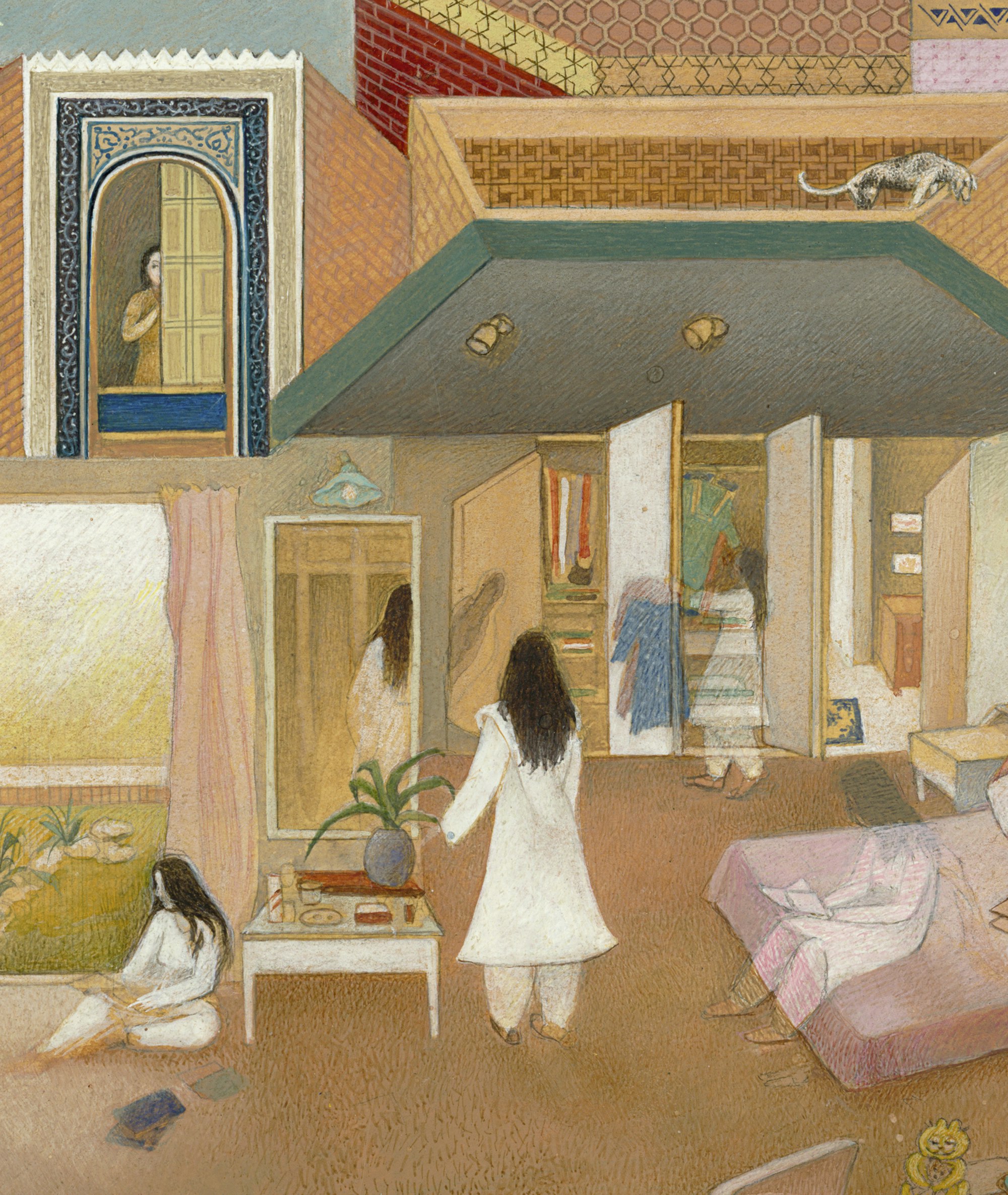 Shahzia Sikander, <em>The Scroll</em> (detail), 198990. Vegetable color, dry pigment, watercolor, and tea on wasli paper, 13 1/2 x 63 7/8 inches. Collection of the Artist, © Shahzia Sikander. Courtesy the artist, Sean Kelly, New York and Pilar Corrias, London.