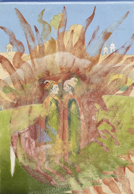 Shahzia Sikander, <em>Separate Working Things I</em>, 1993–95. Vegetable color, dry pigment, watercolor, gold (paint), and tea on wasli paper, 9 1/2 x 6 1/2 inches. Private Collection, © Shahzia Sikander. Courtesy the artist, Sean Kelly, New York and Pilar Corrias, London.