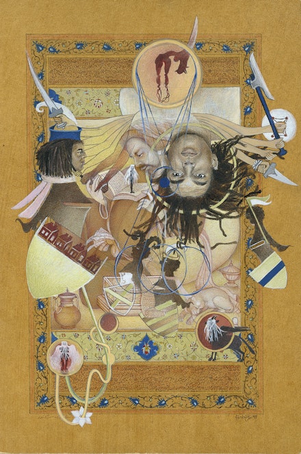 Shahzia Sikander, <em>Eye-I-ing Those Armorial Bearings</em>, 1989–97. Vegetable color, dry pigment, watercolor, and tea on wasli paper, 8 5/8 x 5 3/4 inches. The Collection of Carol and Arthur Goldberg, © Shahzia Sikander. Courtesy the artist, Sean Kelly, New York and Pilar Corrias, London.