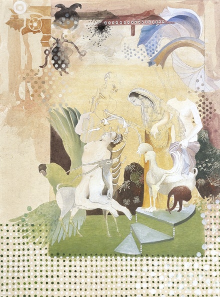 Shahzia Sikander, <em>Intimacy</em>, 2001. Dry pigment, watercolor, and tea on wasli paper, 8 1/2 x 11 inches. Collection of Jeanne and Michael Klein; Promised gift to the Blanton Museum of Art, The University of Texas at Austin, © Shahzia Sikander. Courtesy the artist, Sean Kelly, New York and Pilar Corrias, London.