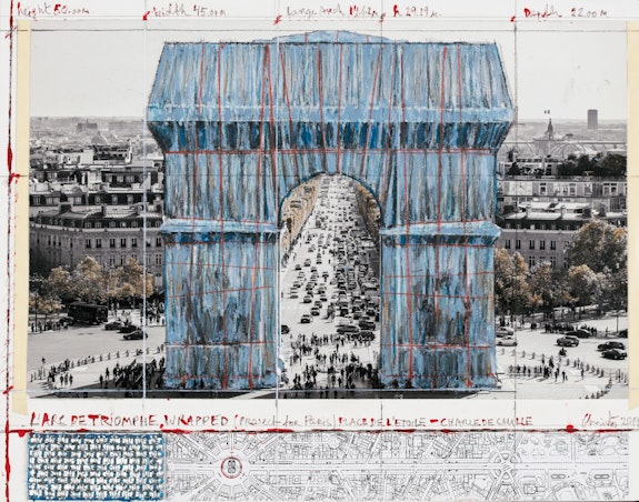 Christo, <em>L'Arc de Triomphe, Wrapped (Project for Paris) Place de l'Etoile, Charles de Gaulle</em>, 2019.Collage, 11 x 14 inches. Pencil, wax crayon, enamel paint, photograph by Wolfgang Volz, map, fabric sample, and tape. Photo: André Grossmann. © Christo and Jeanne-Claude Foundation.