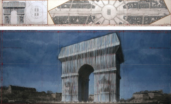 Christo, <em>L’Arc de Triomphe, Wrapped (Project for Paris) Place de l’Etoile – Charles de Gaulle</em>, 2019. Drawing in two parts, 15 x 96 inches and 42 x 96 inches. Pencil, charcoal, pastel, wax crayon, enamel paint, architectural and topographic survey, hand-drawn map on vellum and tape. Reference #3. Photo: André Grossmann. © Christo and Jeanne-Claude Foundation.