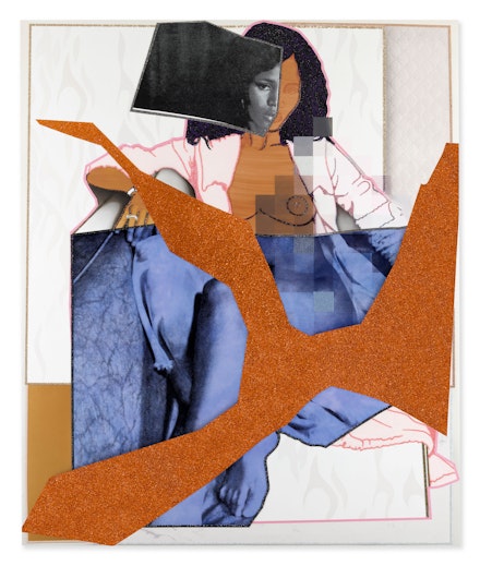 Mickalene Thomas, <em>September 1977</em>, 2021. Rhinestones, glitter, and acrylic paint on canvas mounted on wood panel with mahogany frame, 110 x 92 inches. © Mickalene Thomas. Courtesy the artist.