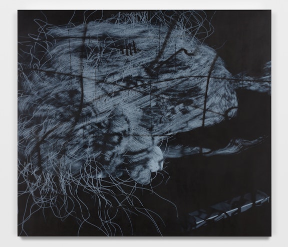 Avery Singer, <em>Wig & JUUL</em>, 2021. Acrylic on canvas stretched over wood panel, 85 1/4 x 95 1/4 x 2 1/8 inches. Courtesy the artist, Hauser & Wirth, and Kraupa-Tuskany Zeidler, Berlin. © Avery Singer. Photo: Lance Brewer.