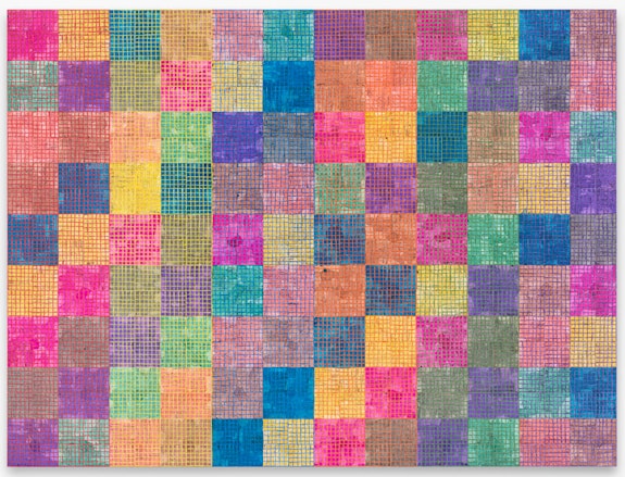 McArthur Binion,<em> Modern:Ancient:Brown</em>, 2021. Ink, oil paint stick, and paper on board, 72 x 96 x 2 inches. Courtesy the artist and Lehmann Maupin, New York, Hong Kong, Seoul, and London.