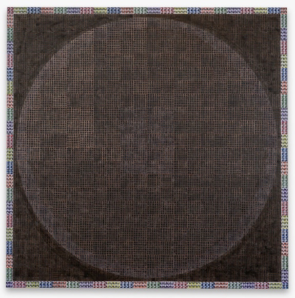 McArthur Binion, <em>Modern:Ancient:Brown</em>, 2021. Ink, oil paint stick, and paper on board, 84 x 84 x 2 inches. Courtesy the artist and Lehmann Maupin, New York, Hong Kong, Seoul, and London.
