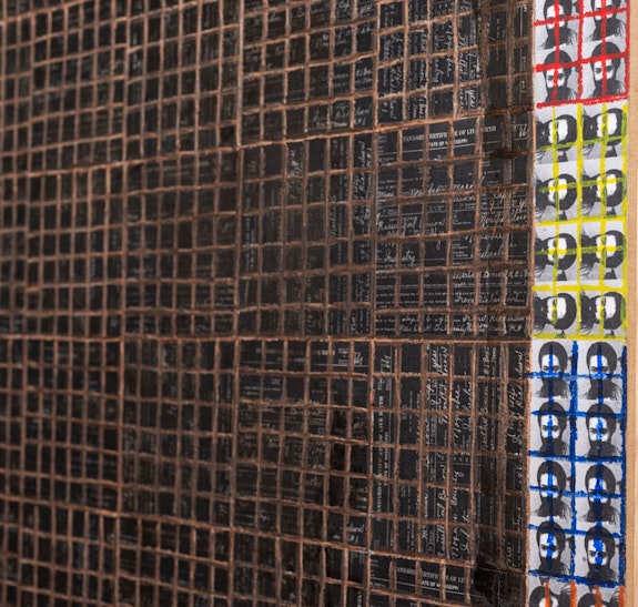 McArthur Binion, <em>Modern:Ancient:Brown</em> (detail), 2021. Ink, oil paint stick, and paper on board, 84 x 84 x 2 inches. Courtesy the artist and Lehmann Maupin, New York, Hong Kong, Seoul, and London.