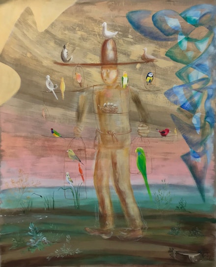 Donna Moylan, <em>Birdman</em>, 2021. Oil and acrylic on linen. 58 x 48 in. Courtesy the artist.