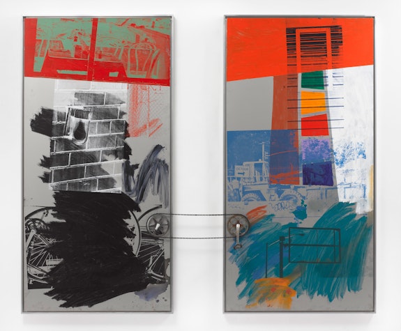 Robert Rauschenberg, <em>Climb (Urban Bourbon)</em>, 1993. Acrylic on stainless steel with steel and rubber, 98 x 116 x 10 inches. © 2021 Robert Rauschenberg Foundation / Artists Rights Society (ARS), New York.