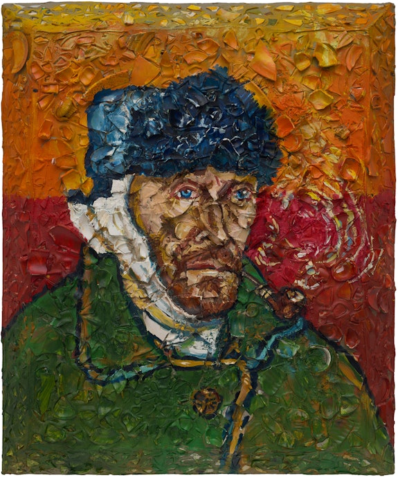 Julian Schnabel, <em>Number 1 (Van Gogh, Self-Portrait with Bandaged Ear, Willem)</em>, 2018. Oil, plates, and bondo on wood, 72 x 60 inches. Collection of Amalia Dayan and Adam Lindemann.