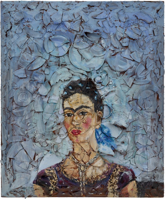Julian Schnabel, <em>Number 3 (Young Frida)</em>, 2020. Oil, plates and bondo on wood, 72 x 60 inches. Courtesy Pace Gallery.