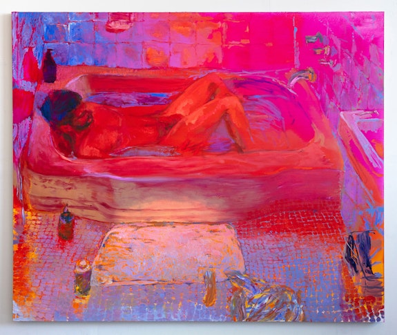 Doron Langberg, <em>Bather</em>, 2021. Oil on linen, 80 x 96 inches. Courtesy Victoria Miro, London.