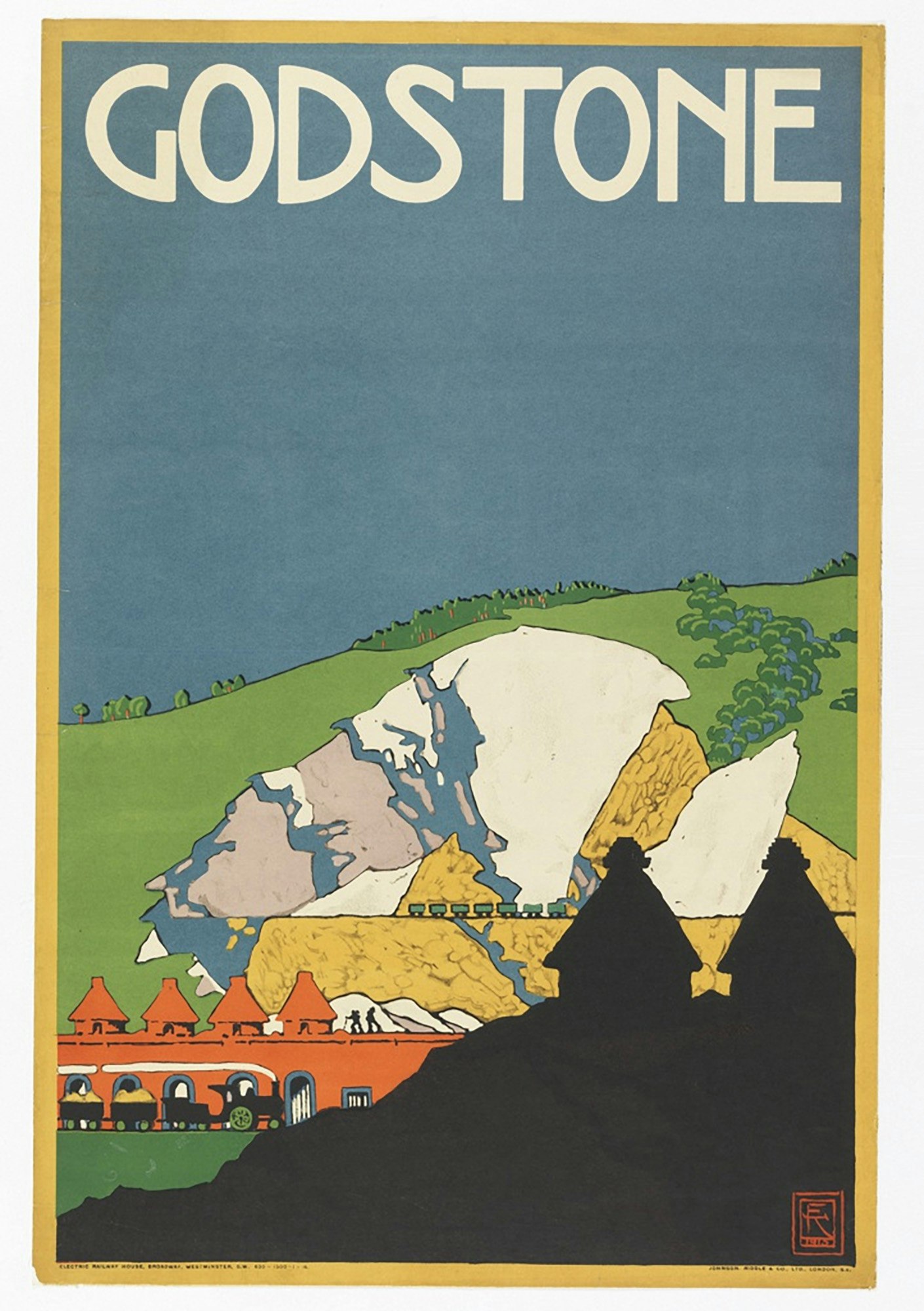 Poster, Godstone, 1915, printed 1916; Designed by E. McKnight Kauffer (American, 1890–1954); Published by Underground Electric Railways Company, Ltd. (London, England); Printed by Johnson, Riddle & Company, Ltd. (London, England); Lithograph; 30 1/16 × 20 1/16 inches. Cooper Hewitt, Smithsonian Design Museum, Gift of Mrs. E. McKnight Kauffer, 1963-39-14; Photo: Matt Flynn. © Smithsonian Institution.