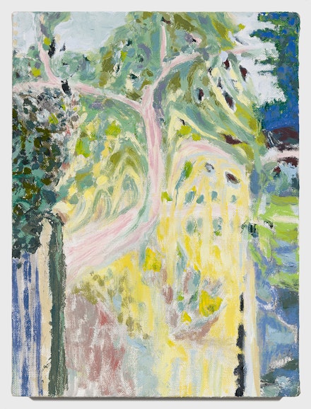 Lumin Wakoa, <em>Blooming Tree at Trinity Cemetery</em>, 2021. Oil on linen, 12 x 9 inches. Courtesy Deanna Evans and Etienne Frossard.