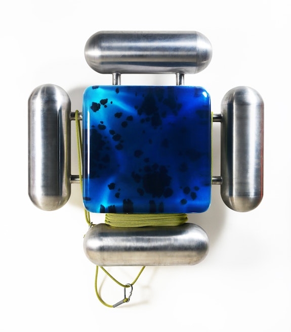 Ashley Bickerton,<em> Floating Ocean Chunk (South Pacific for North Atlantic) 1</em>, 2021. Resin, stainless steel, rope and carabiners, 50 x 50 x 13.18 inches. Courtesy the artist and Lehmann Maupin, New York, Hong Kong, Seoul, and London.