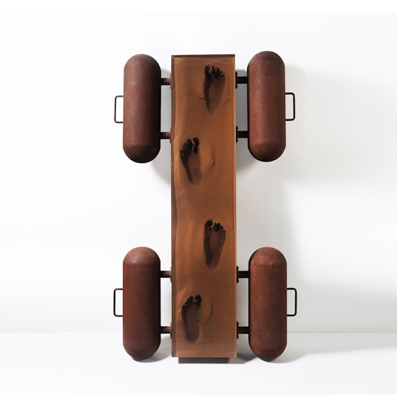 Ashley Bickerton,<em> Mangrove Footprints 1</em>, 2021. Resin and corten steel. 68.5 x 40.94 x 7.87 inches. Courtesy the artist and Lehmann Maupin, New York, Hong Kong, Seoul, and London.