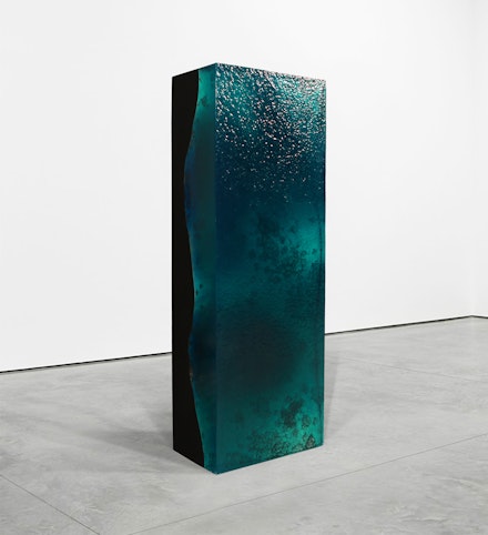 Ashley Bickerton, <em>°3606.2"N, 131°0941.8"E 1</em>, 2022. Resin, fiberglass, stainless steel, wood. 72 x 24 x 16.13 inches. Courtesy the artist and Lehmann Maupin, New York, Hong Kong, Seoul, and London.