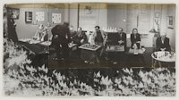 Dorothea Tanning, <em>Chess Tournament at Julien Levy Gallery, January 6, 1945</em>, 1945. Collage with three photographs by Julien Levy, 3 x 5 5/8 inches. © 2022 The Destina Foundation / Artists Rights Society (ARS), New York. Courtesy of Kasmin, New York.