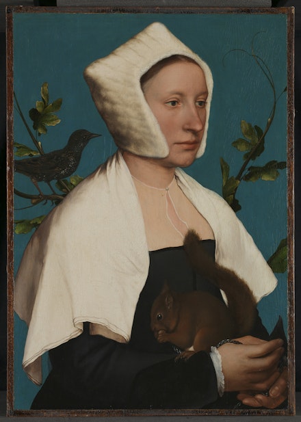 Hans Holbein the Younger, <em>A Lady with a Squirrel and a Starling (Anne Lovell?)</em>, ca. 1526–28. Oil on panel, 29 3/4 × 23 1/6 ×4 1/16 inches. © The National Gallery, London.