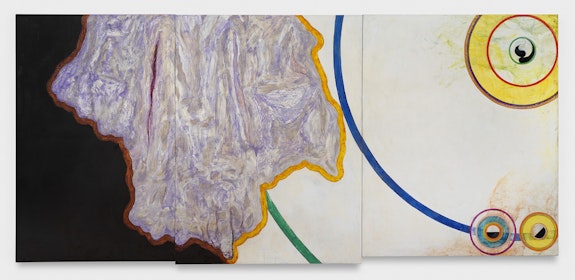 Bill Jensen, <em>STILLNESS/FLOWING</em>, 2021. Oil on linen, triptych, 56 1/2 x 124 inches. Courtesy Cheim & Read, New York. © 2021 Bill Jensen. Photo: Alex Yudzon / Cheim & Read, New York.