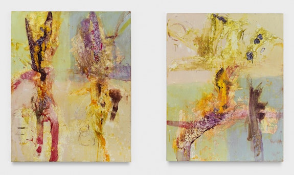 Bill Jensen, <em>SISTA/SISTA</em>, 202021. Oil on linen, diptych, 40 x 79 inches. © 2021 Bill Jensen. Photo: Alex Yudzon / Cheim & Read, New York.
