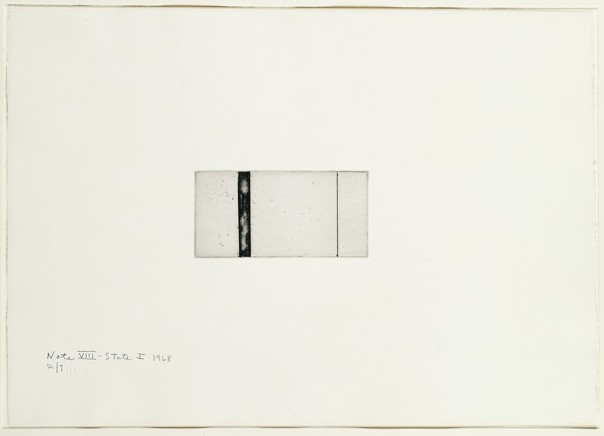 Barnett Newman, <em>Note VIII - state I</em>, 1968. Etching, printed in black on Italia white wove paper, 2 15/16 x 5 15/16 inches. Courtesy Craig F. Starr Gallery.