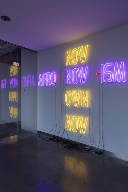 <p>Installation view, Stephanie Dinkins, <em>Afro-Now-Ism</em> (2021), neon, 112 x 120 inches. Courtesy of Stamps Gallery, University of Michigan.</p>