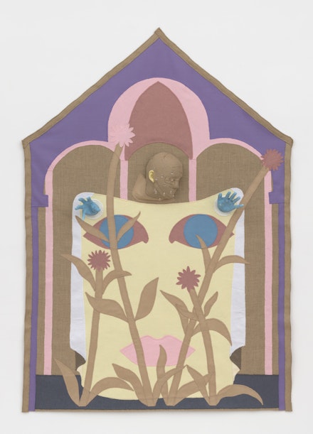 Jonathan Baldock, <em>In Your Face</em>, 2022. Felt, hessian, ceramic, and crystal, 78 1/2 x 55 x 6 inches. Courtesy of the artist and Nicelle Beauchene Gallery, New York. Photo: JSP Art Photography.
