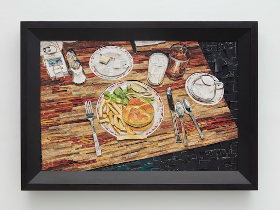 Vik Muniz, <em>Breakfast, after Stephen Shore, Scraps</em>, 2021. Archival inkjet print, 50 1/2 x 36 1/4 inches. © Vik Muniz. Courtesy Sikkema Jenkins & Co., New York.