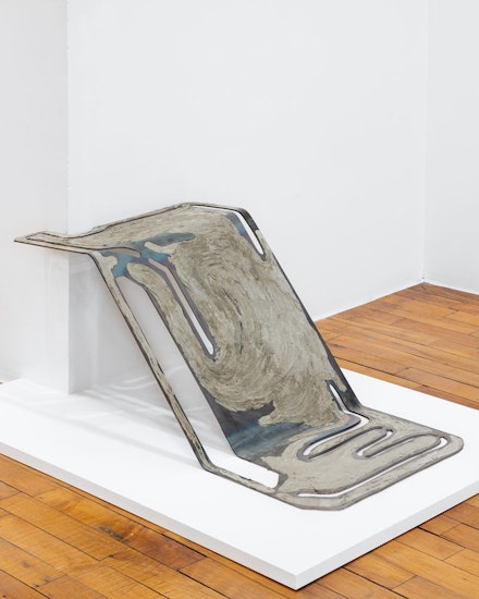 Yi To, <em>The Backbone of a History of Rewriting History</em>, 2022. Metal, concrete, 17.32 x 49.5 x 21.6 inches. Courtesy the artist and Someday, New York. Photography: Daniel Terna.