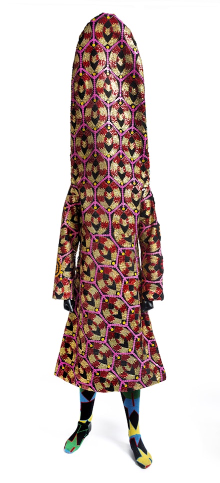 Nick Cave, <em>Soundsuit</em>, 2018. Mixed media including vintage textile and sequined appliqués, metal and mannequin, 98 1/4 x 27 1/2 x 15 inches. © Nick Cave. Courtesy the artist and Jack Shainman Gallery, New York.